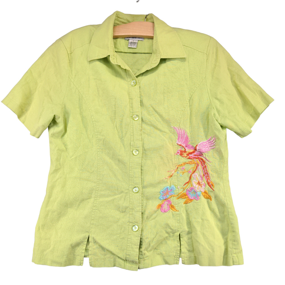 AKC Women's Button Up Shirt Green Large Short Sleeve Embroidered Shoulder Pads